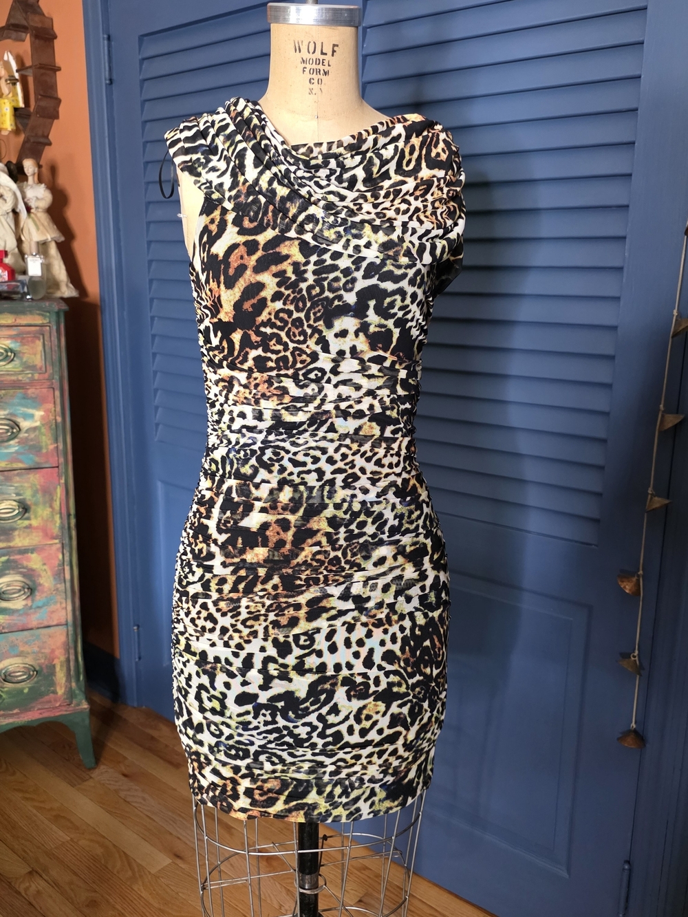 AFRM Biona Asymmetric Ruched Mesh Mini Dress Leopard Print Size S